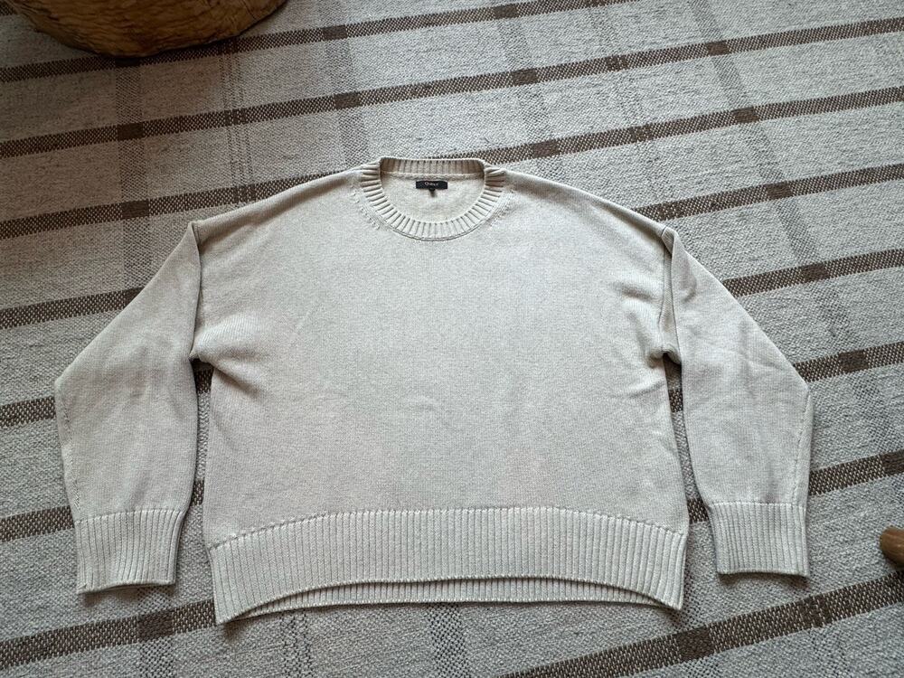 Quince Organic Cotton Boyfriend Crew Sweater Speckled Beige Large Chunky Knit